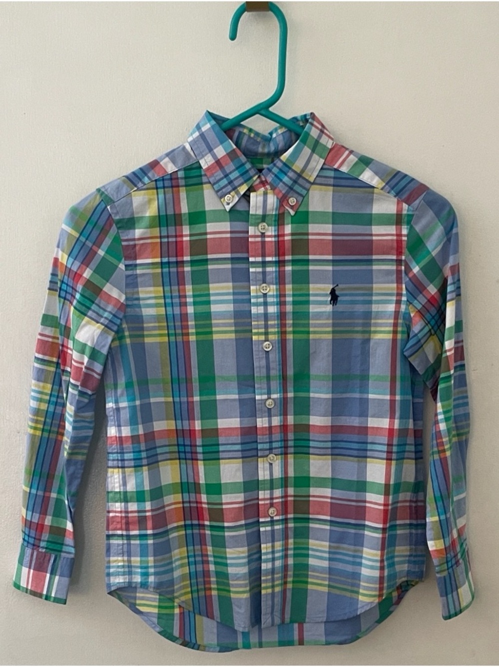 Boys Ralph Lauren Blue Green Plaid Button-Down Shirt, Size 8